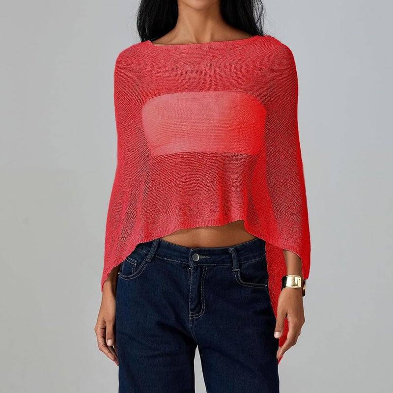 Argeousgor Women Sheer Poncho Top Lightweight Knit Crochet Shrug Bolero Mesh Batwing Sleeve Sweater Cover Up Beachwear - Image 3
